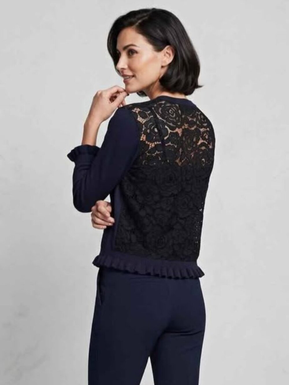 Karl Lagerfeld Paris navy bleu cardigan sheer floral lace back faux pearls